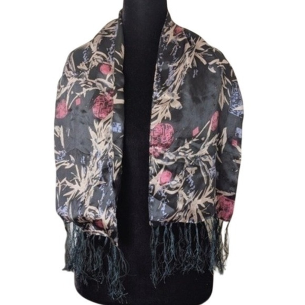 Vintage Y2K 90s Eclectic Chic Asia Inspired Print Tassel Fringe Silk Scarf